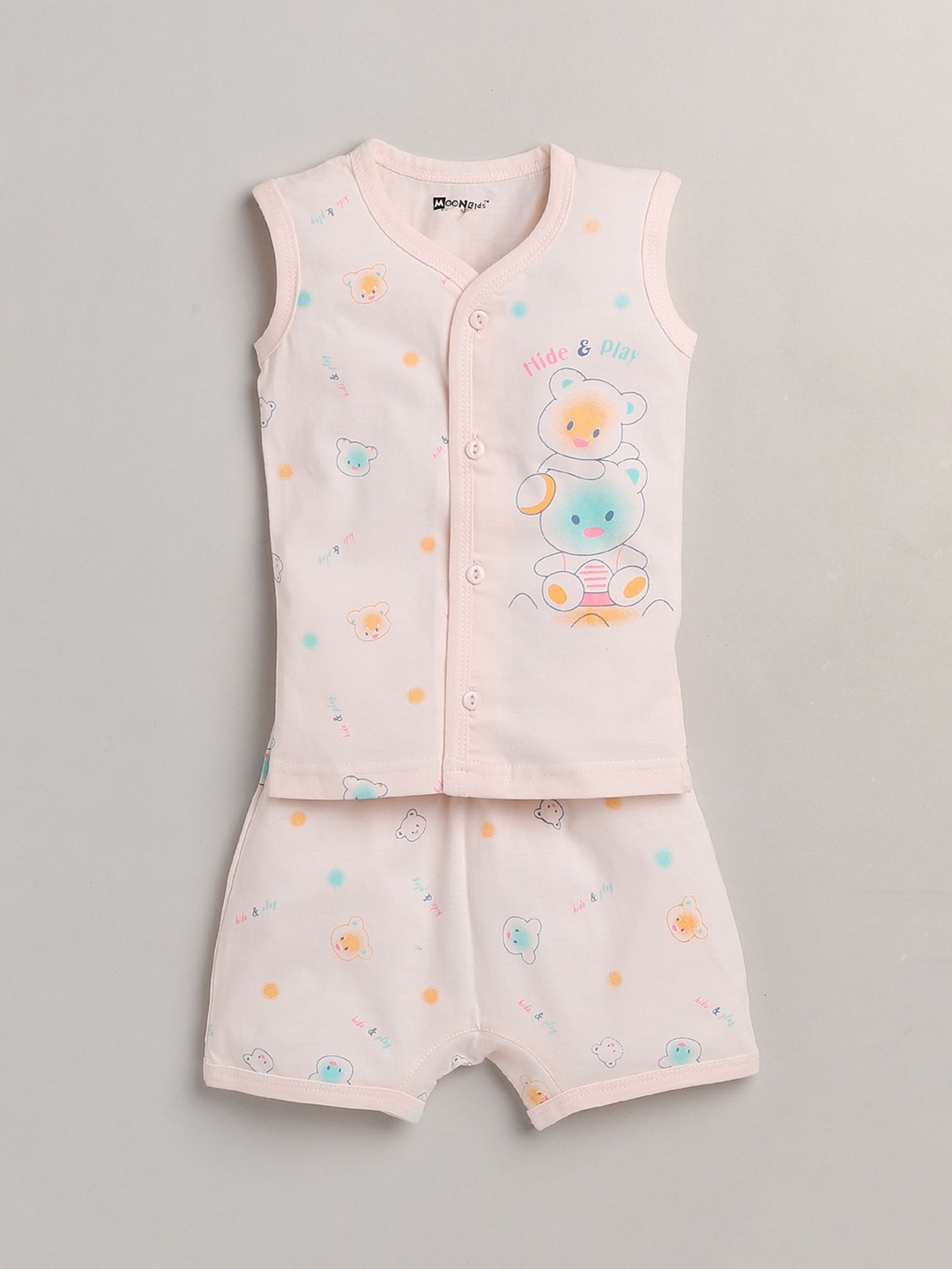 

MooNKids Boys Peach-Coloured & Orange Printed T-shirt with Shorts