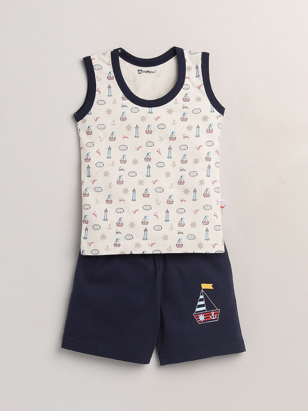 

MooNKids Boys Beige & Navy Blue Printed T-shirt with Shorts