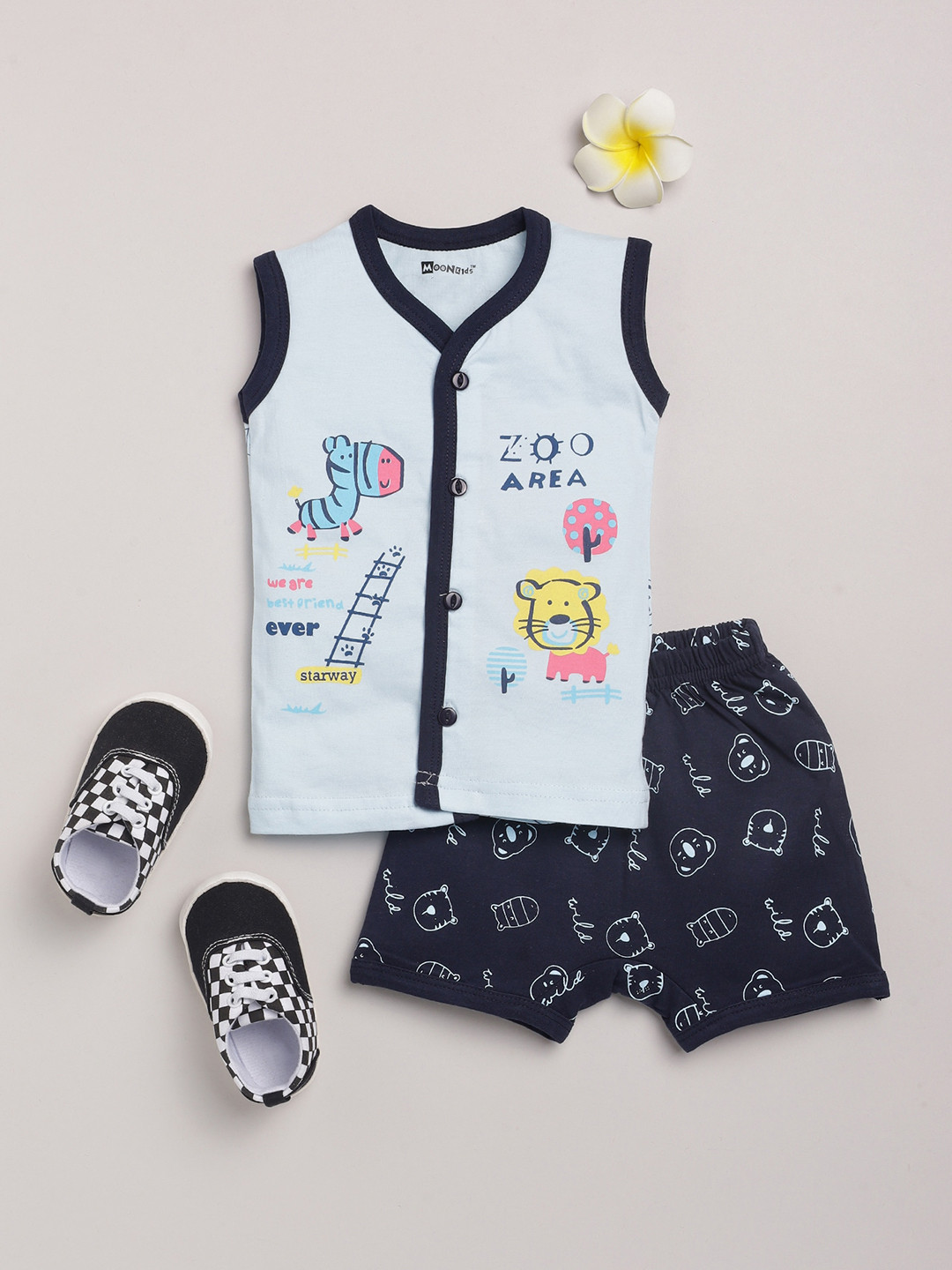 

MooNKids Boys Blue & Multicoloured Printed Cotton T-shirt with Shorts