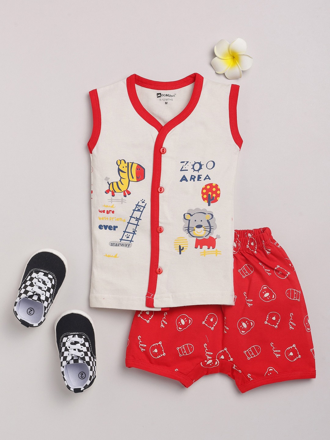 

MooNKids Boys Red & Cream-Coloured Pure Cotton Printed T-shirt with Shorts