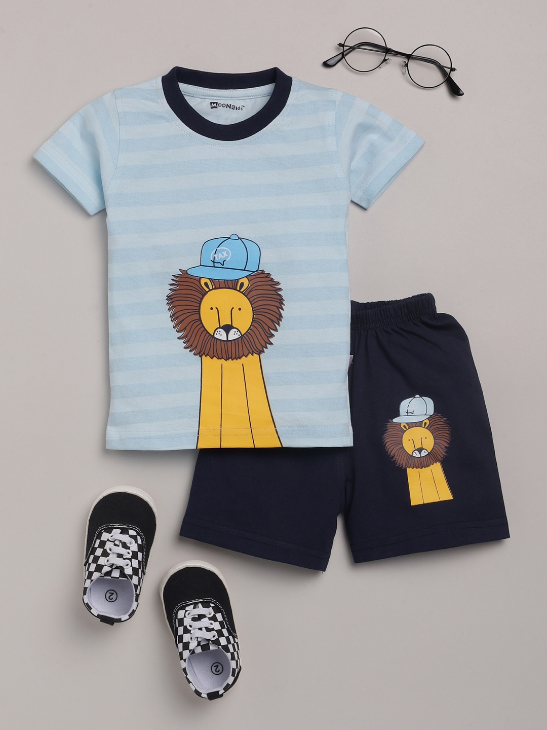 

MooNKids Boys Blue & Yellow Printed Cotton T-shirt with Shorts