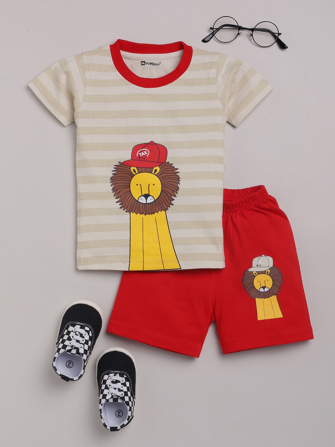 

MooNKids Boys Red & Beige Pure Cotton Printed T-shirt with Shorts
