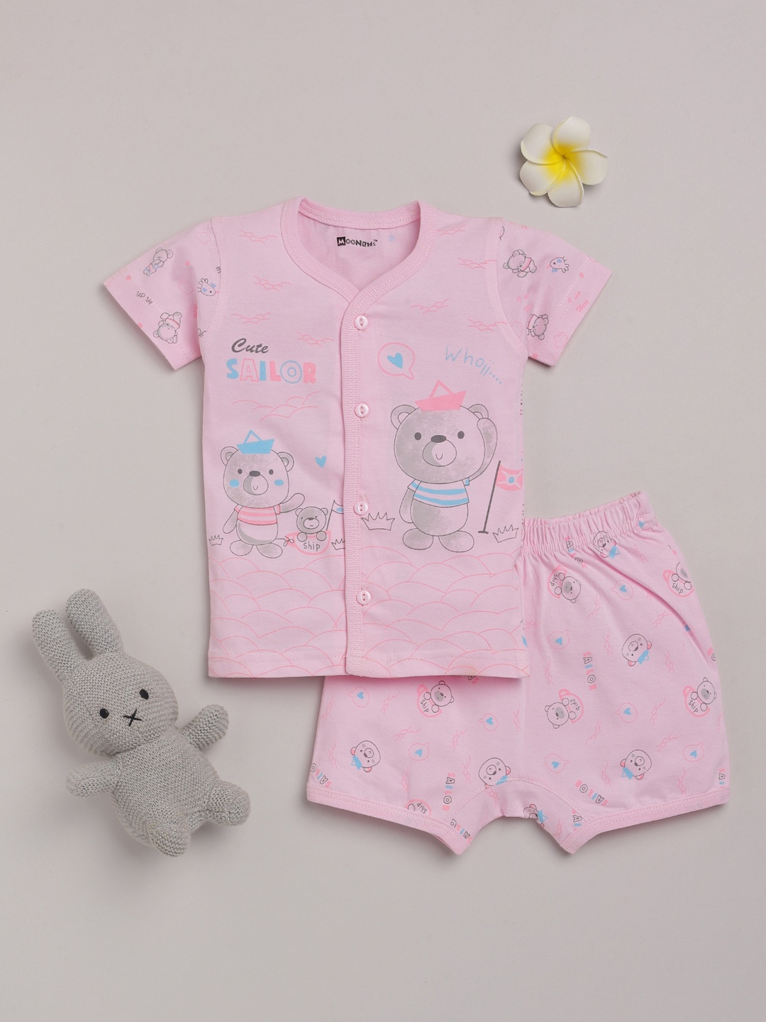 

MooNKids Boys Pink Pure Cotton Printed T-shirt with Shorts