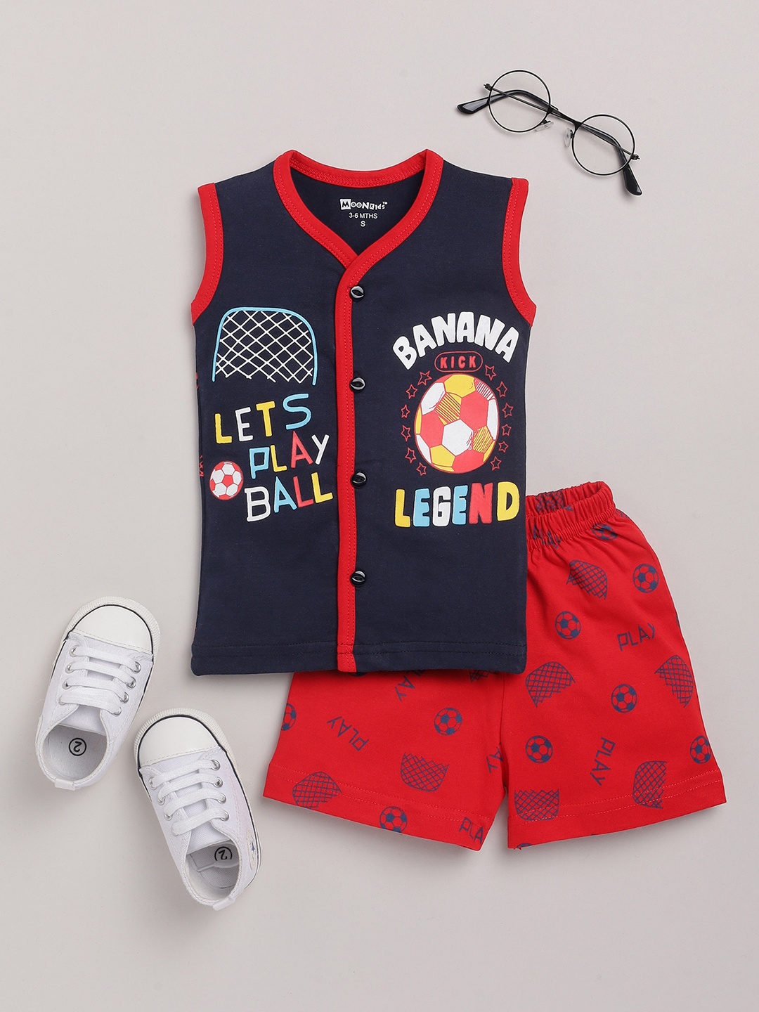 

MooNKids Boys Navy Blue & Red Printed Cotton T-shirt with Shorts
