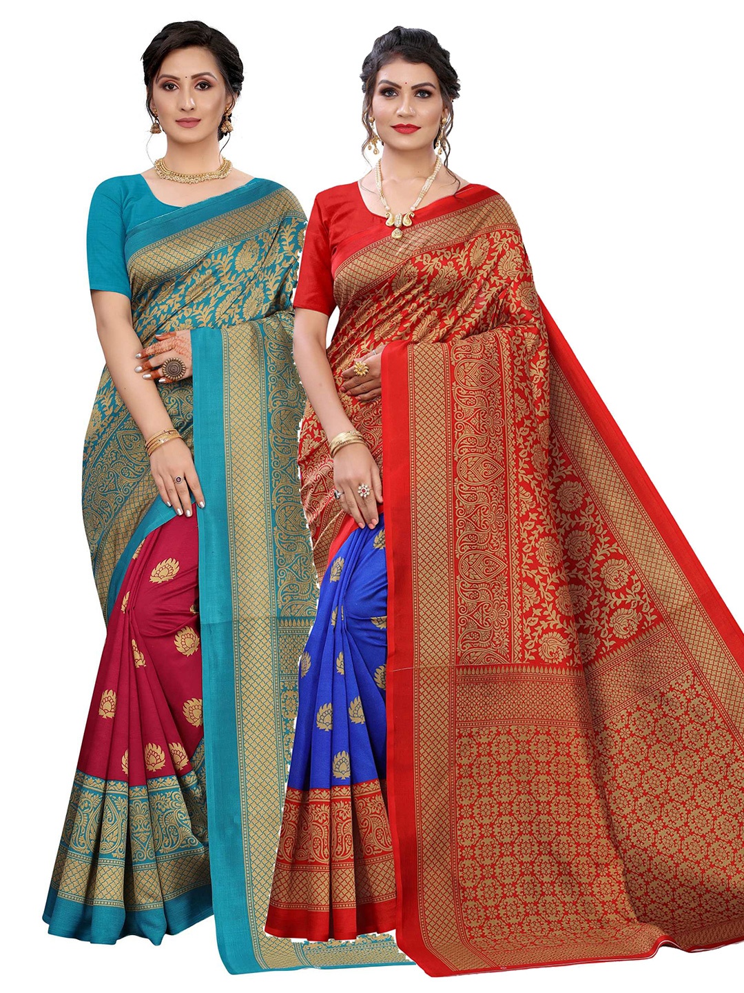 

AADVIKA Women Pack of 2 Blue & Maroon Woven Design Art Silk Saree