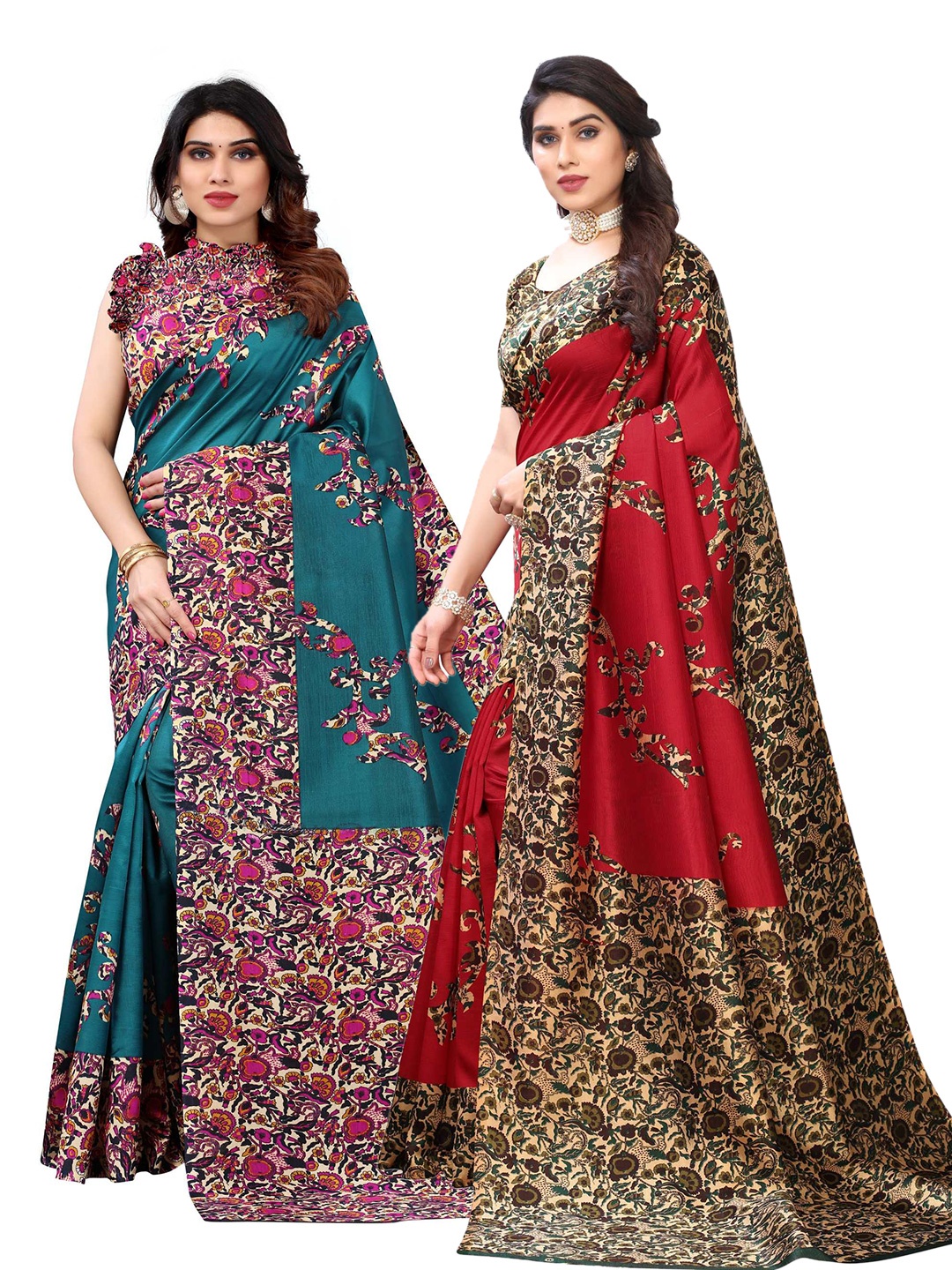 

AADVIKA Teal & Red Pack of 2 Floral Art Silk Mysore Silk Saree
