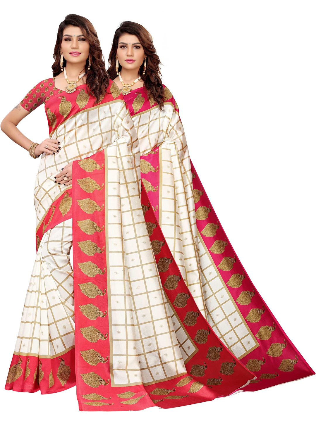 

AADVIKA Pack Of 2 Off White & Red Woven Design Art Silk Saree