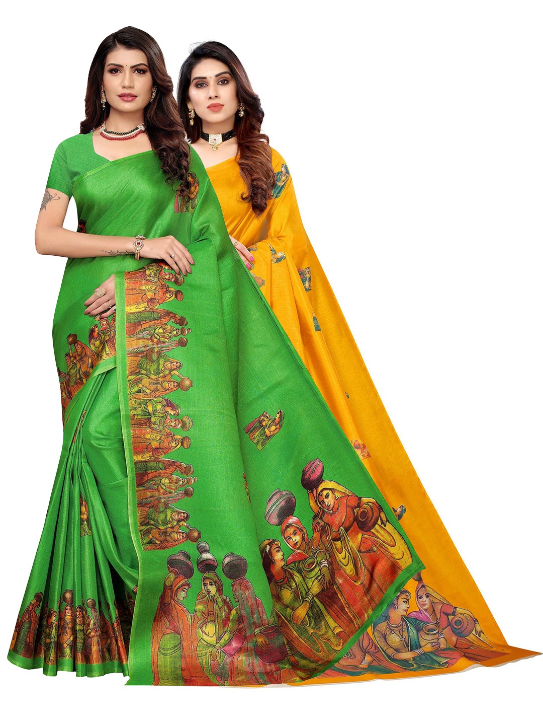 

AADVIKA Set of 2 Printed Art Silk Mysore Silk Sarees, Green
