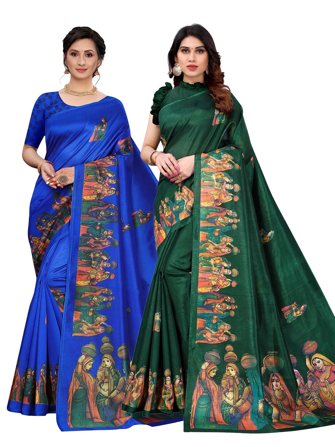 

AADVIKA Pack Of 2 Blue & Green Art Silk Saree