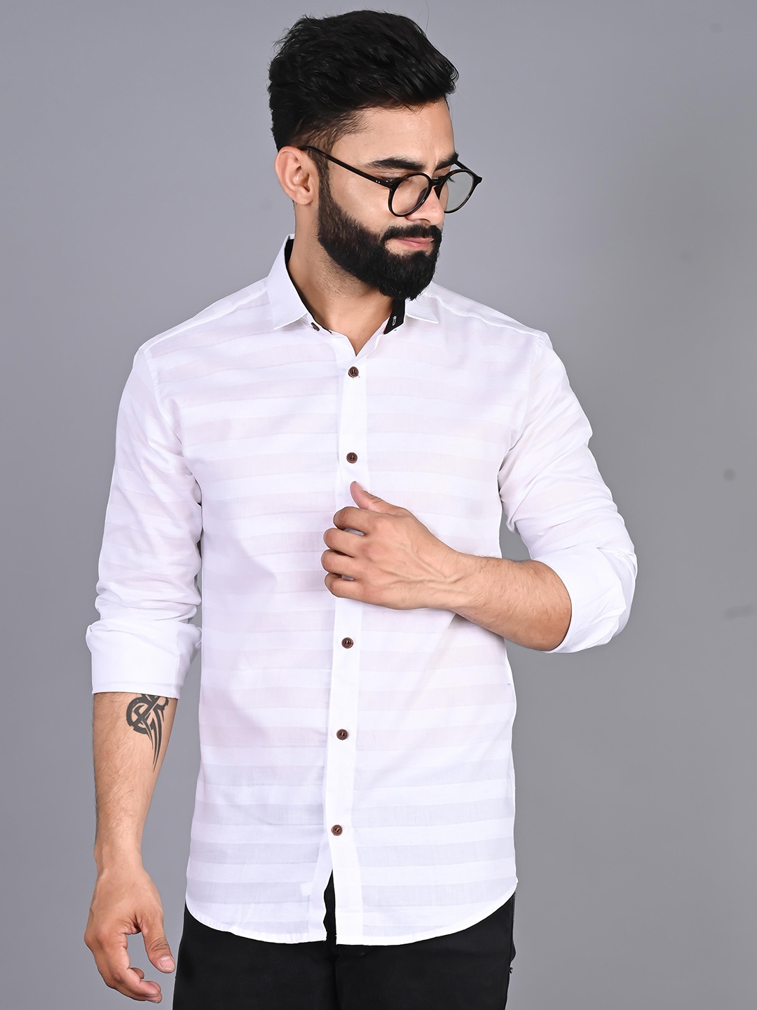 

FUBAR Men White Modern Horizontal Stripes Striped Casual Shirt