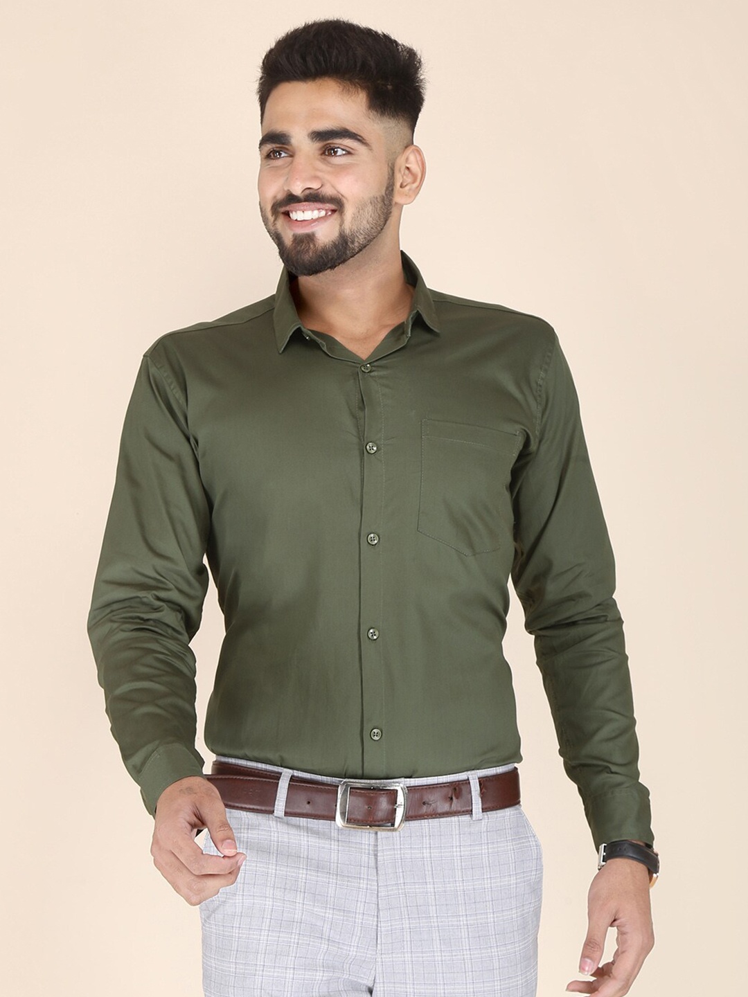 

FUBAR Men Green Solid Modern Cotton Formal Shirt