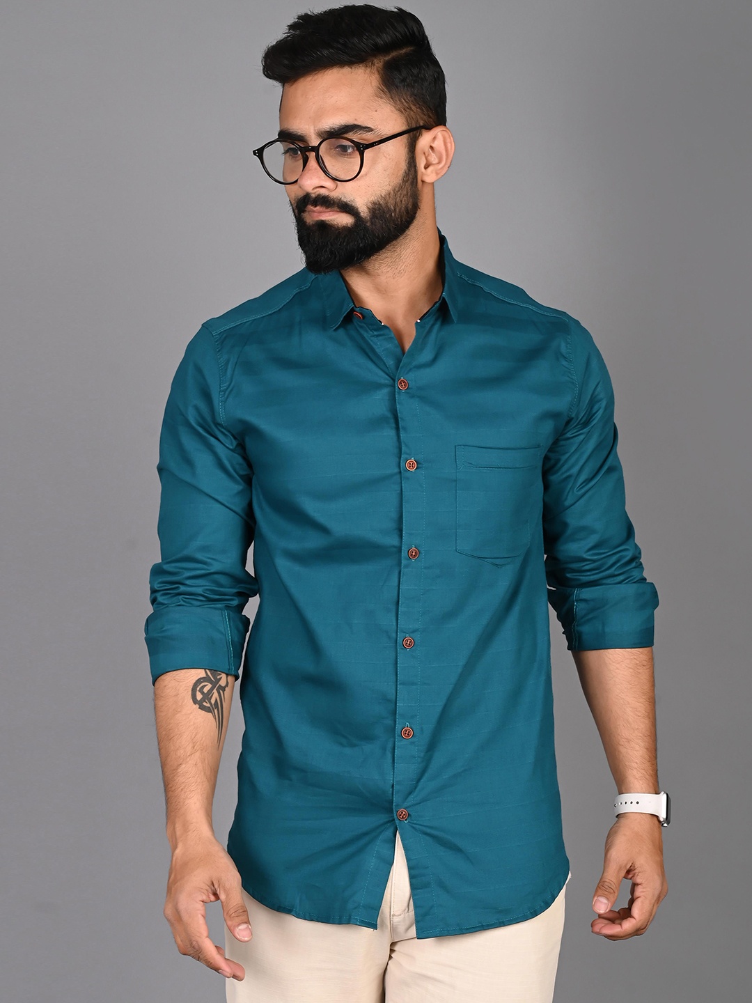 

FUBAR Men Teal Green Solid Modern Casual Shirt