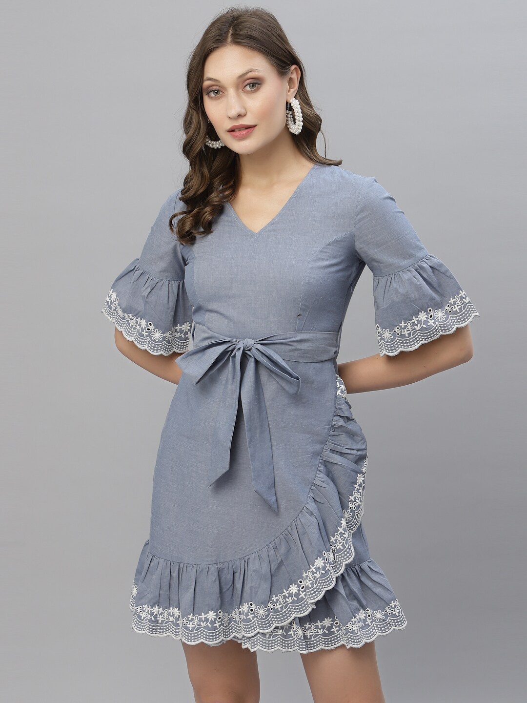 

KASSUALLY Women Blue Self Design Ruffled Dress