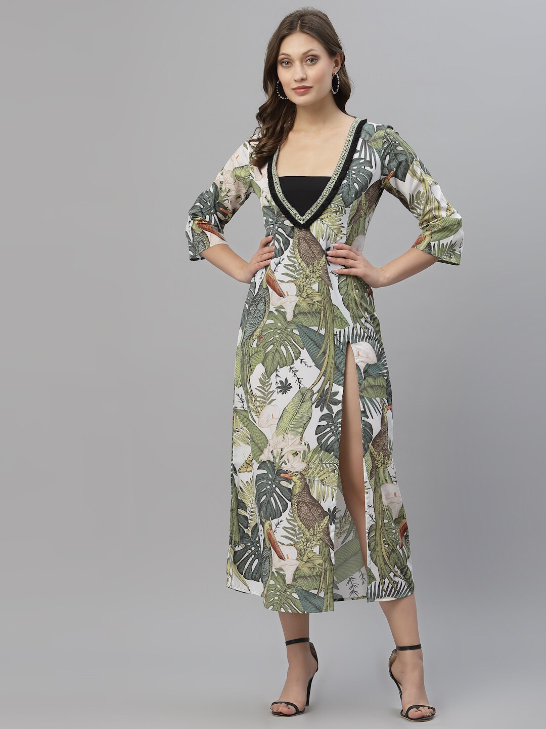 

KASSUALLY Women Olive Green & White Printed Longline Shrug