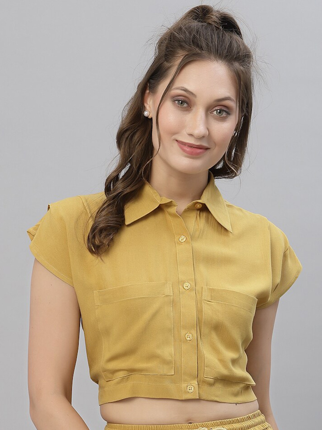 

KASSUALLY Women Mustard Yellow Regular Fit Solid Crop Casual Shirt