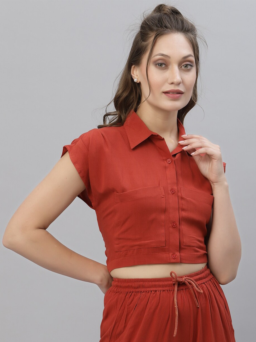 

KASSUALLY Women Rust Solid Crop Boxy Casual Shirt