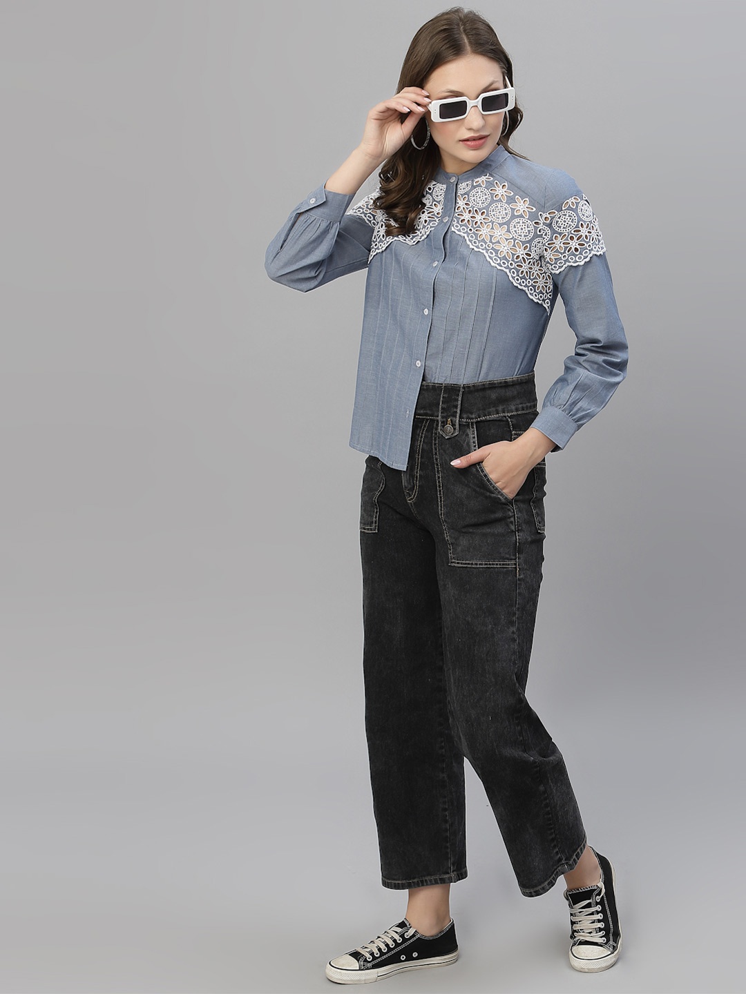 

KASSUALLY Women Blue Floral Schiffli Casual Shirt