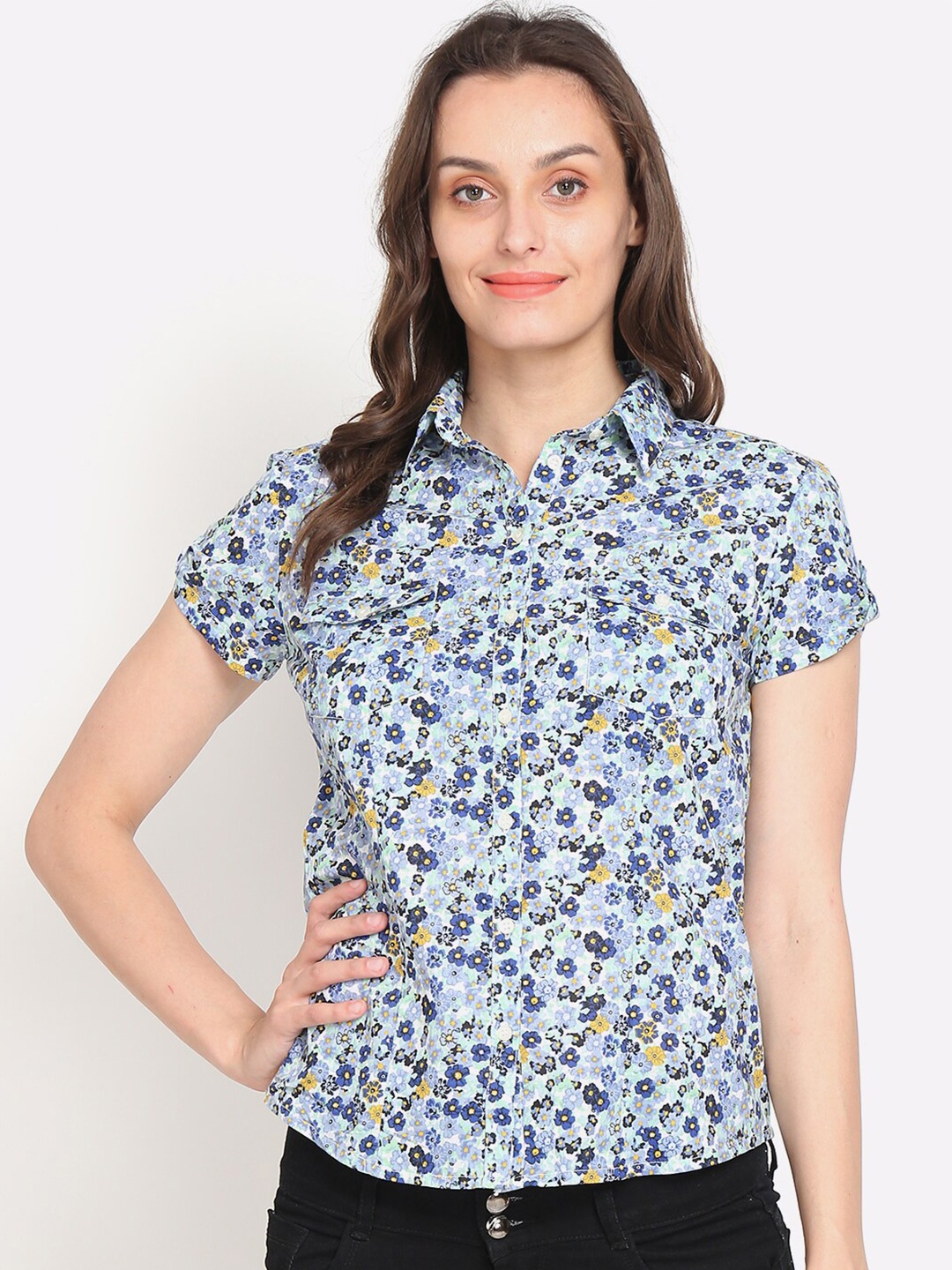

NoBarr Women Blue Regular Fit Floral Printed Casual Shirt