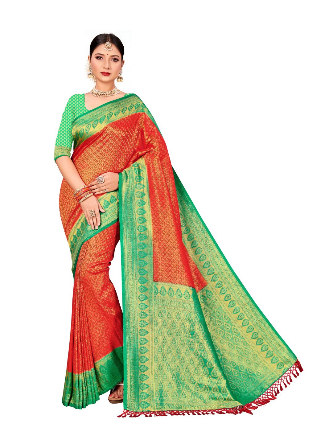 

Vardha Red & Green Ethnic Motifs Zari Border Art Silk Saree
