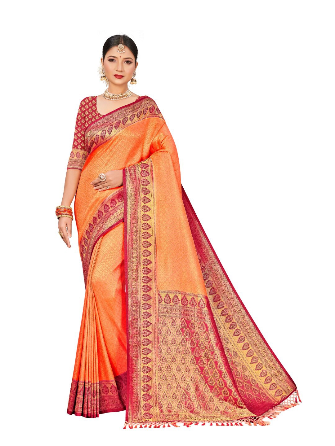 

Vardha Peach-Coloured & Maroon Woven Design Zari Art Silk Saree