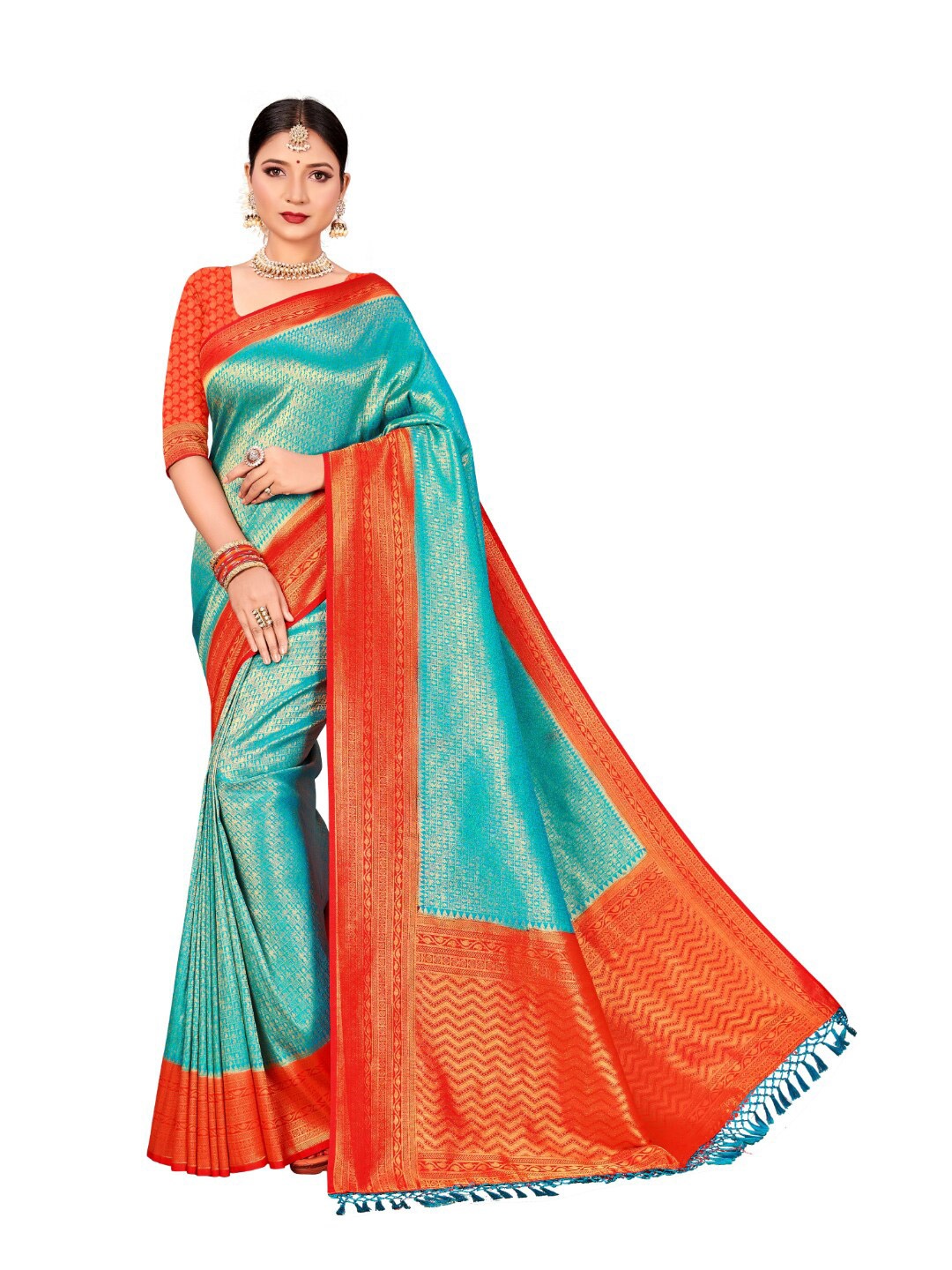 

Vardha Women Blue & Orange Woven Design Zari Art Silk Saree