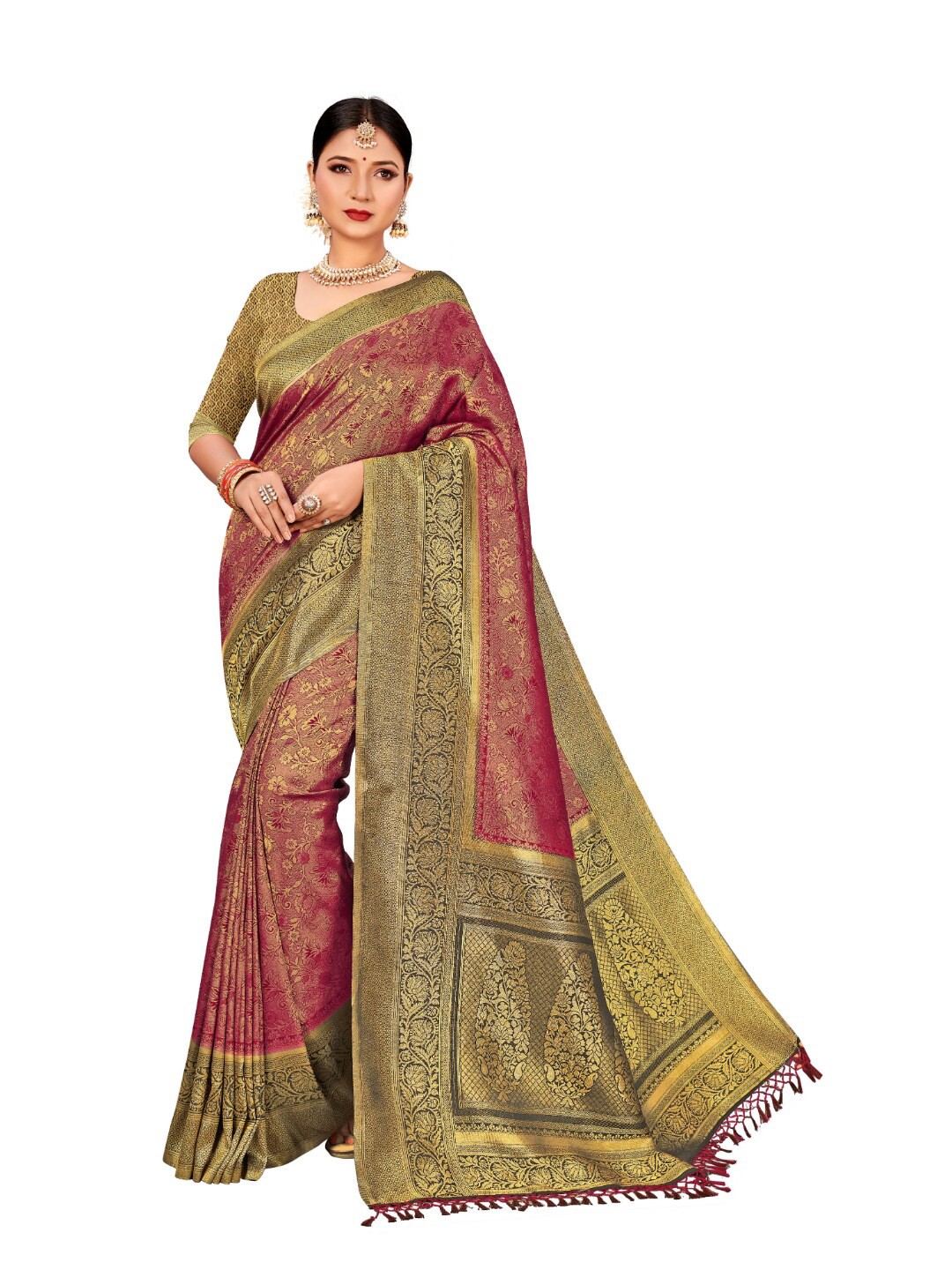 

Vardha Maroon & Gold-Toned Ethnic Motifs Zari Art Silk Saree