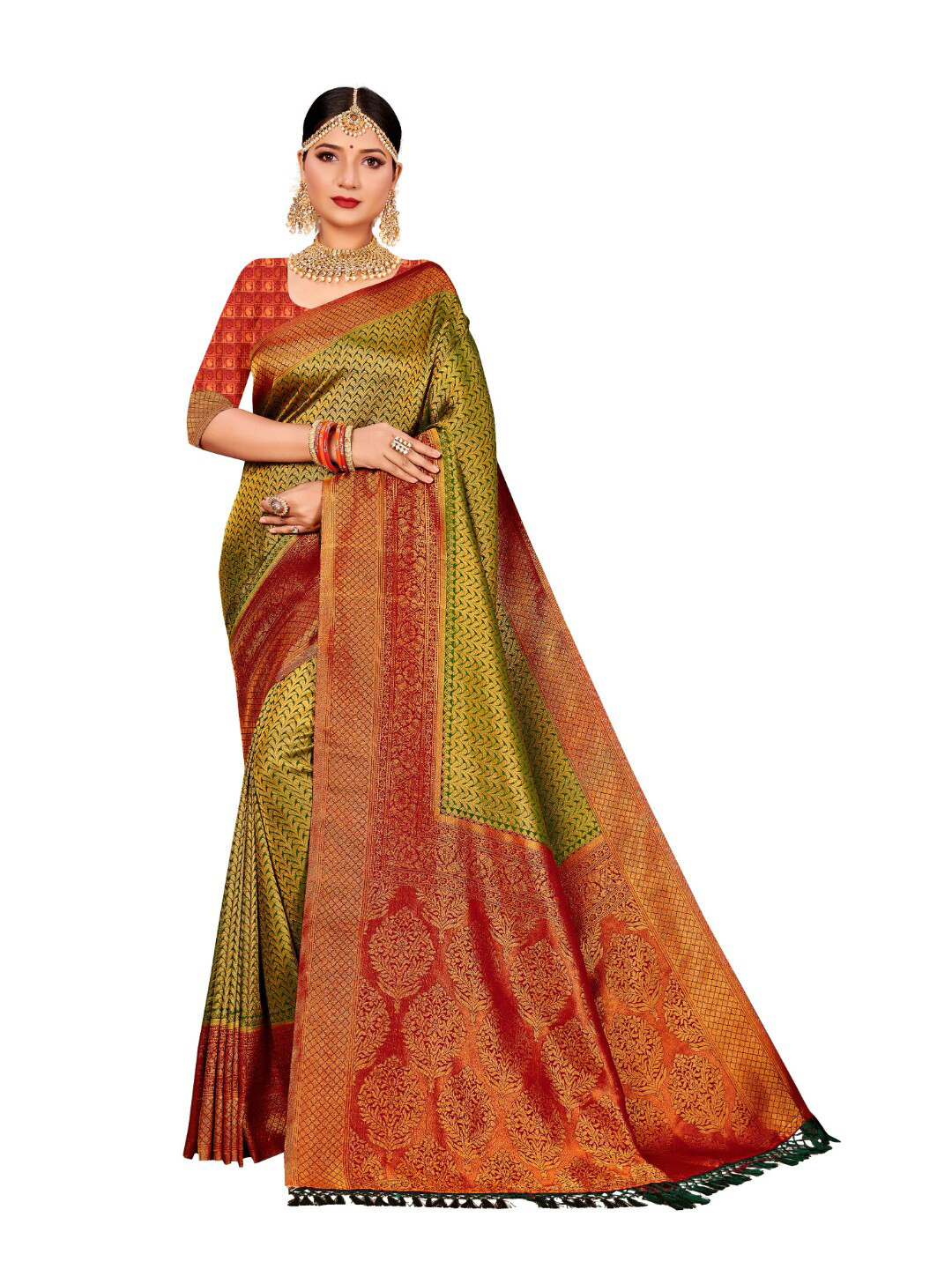

Vardha Olive Green & Red Woven Design Art Silk Saree