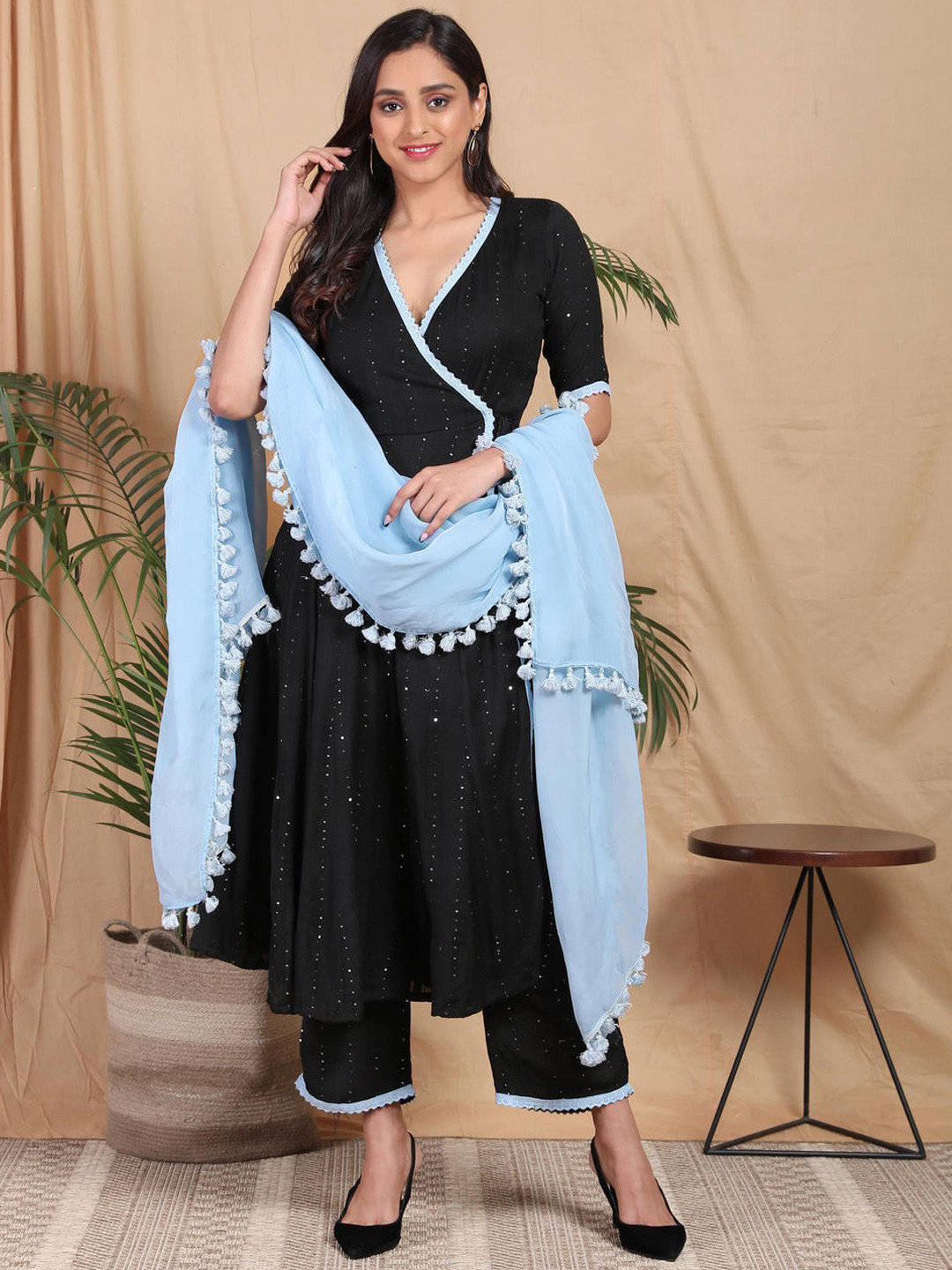 

HANDME Women Set of 3 Black Angrakha Silk Georgette Kurta Set With Dupatta