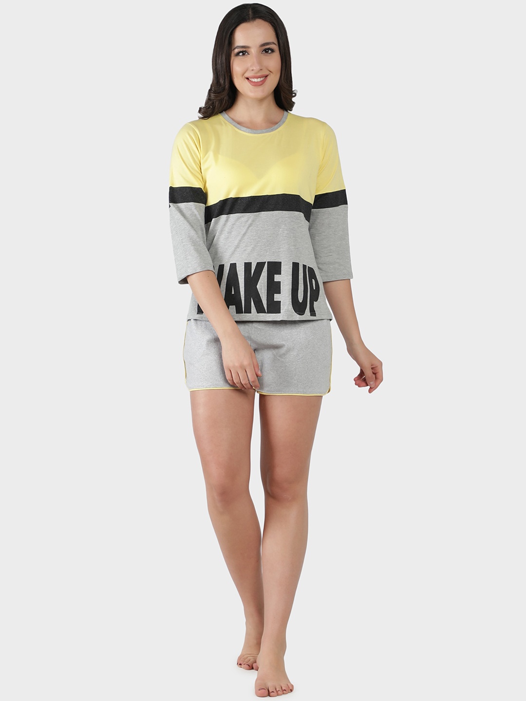 

N-Gal Women Yellow & Grey Colourblocked Night suit