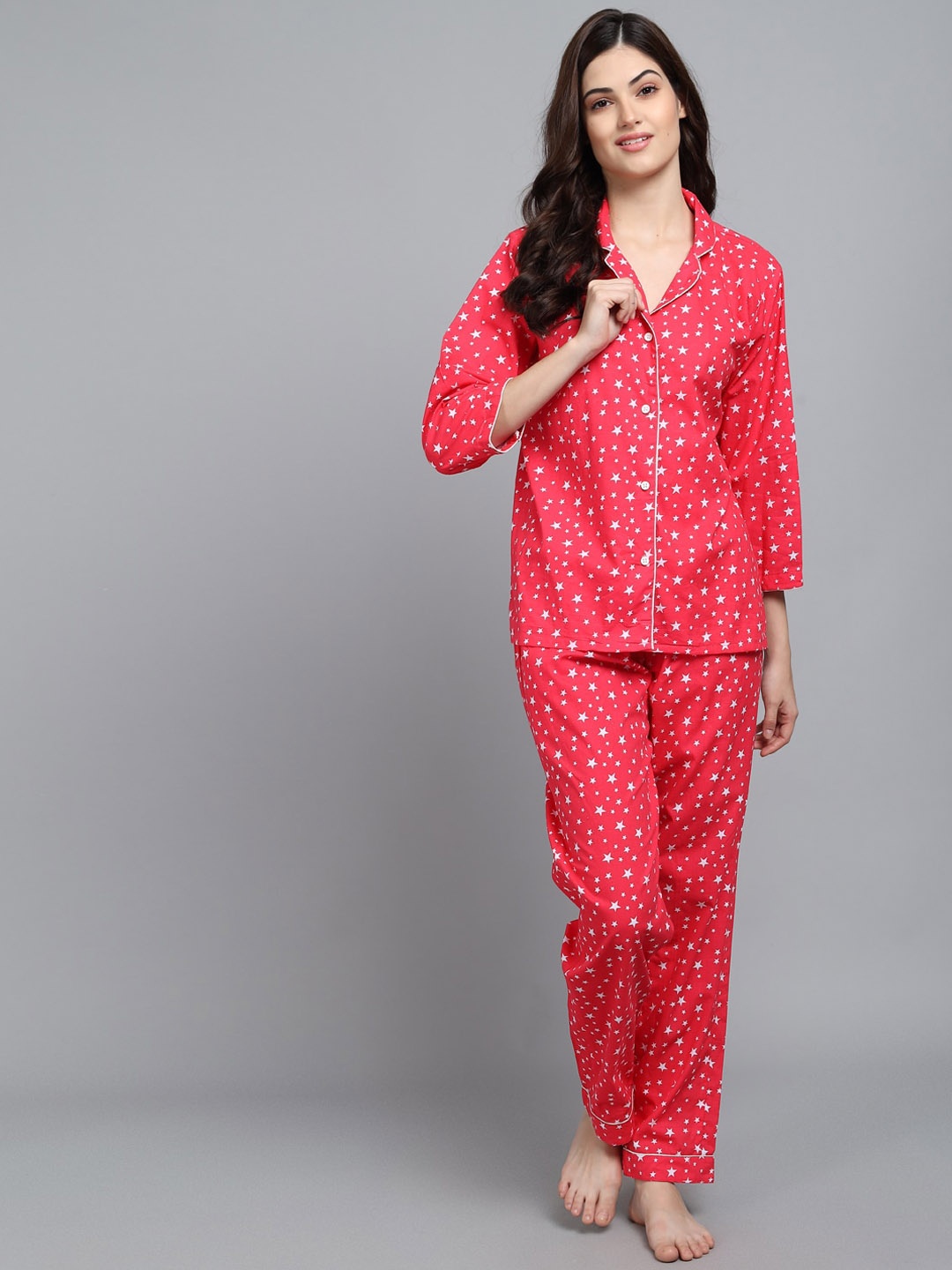 

N-Gal Women Red & White Printed Night Suit