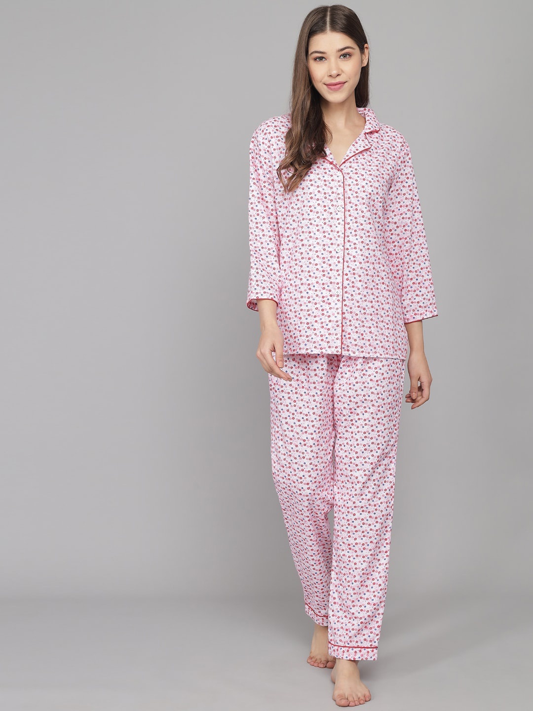 

N-Gal Women Pink & White Printed Night Suit