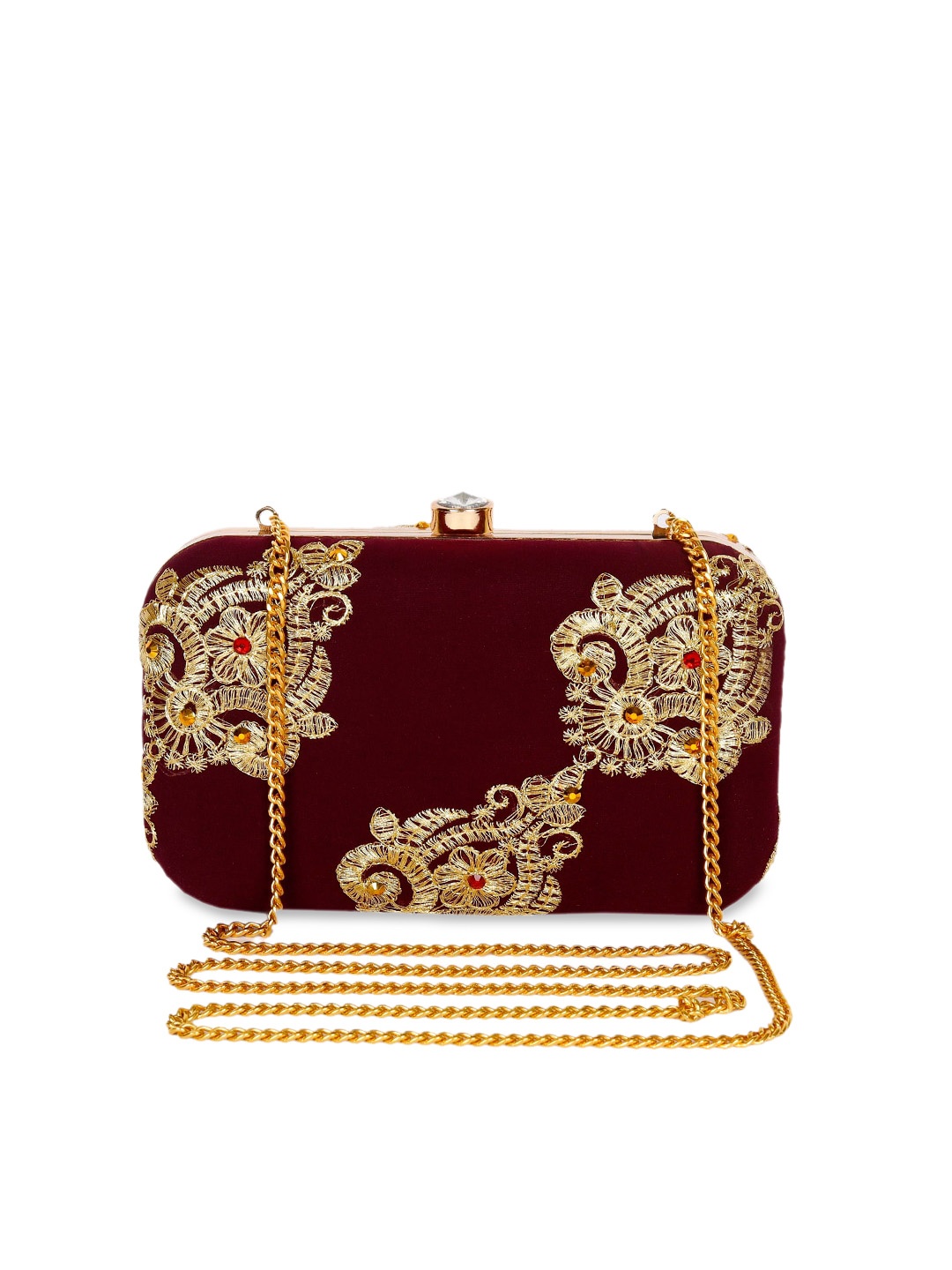

REZZY Maroon And Gold-Toned Embroidered Box Clutch
