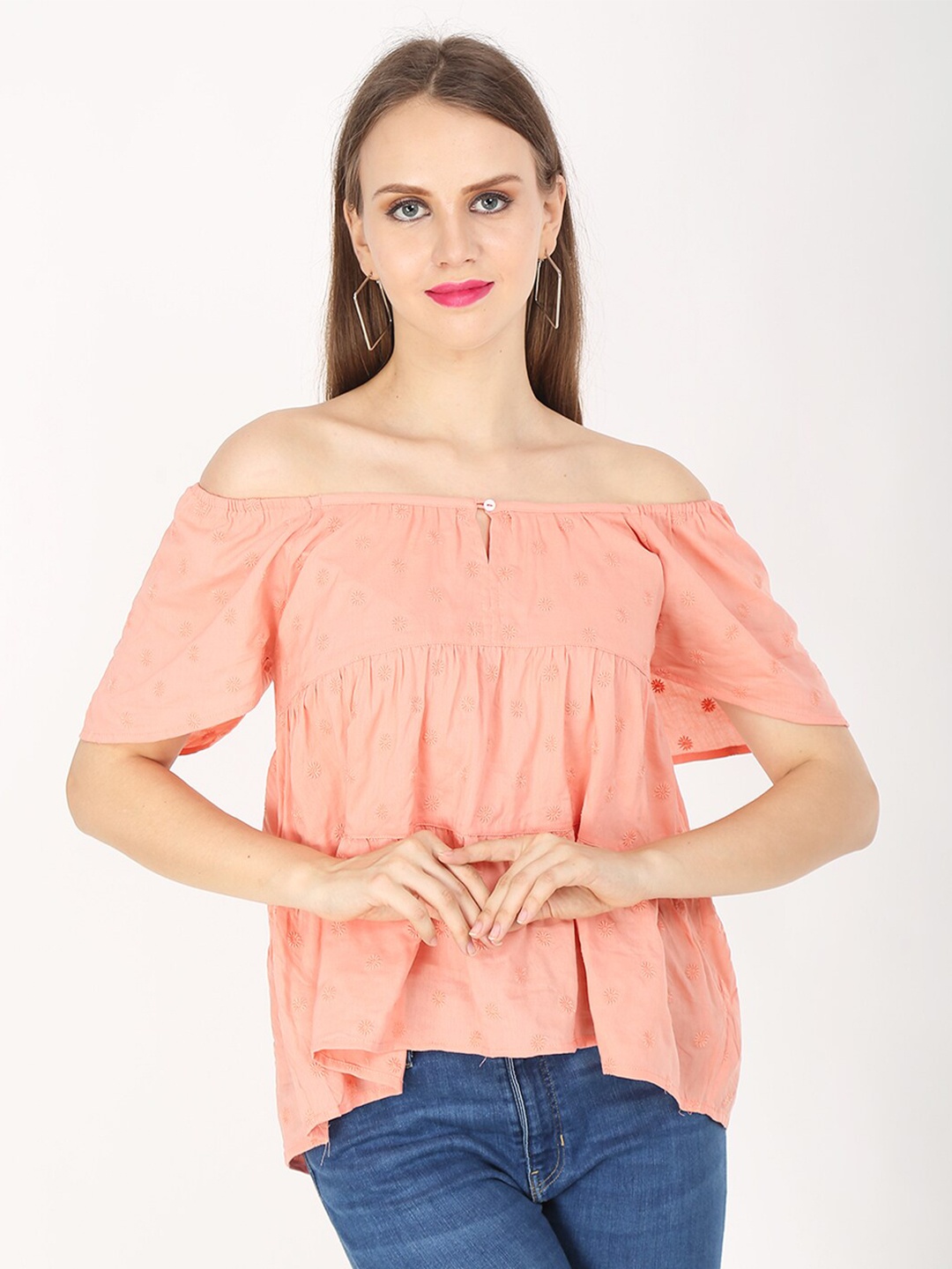 

NoBarr Women Orange Floral Embroidered Off-Shoulder Bardot Top
