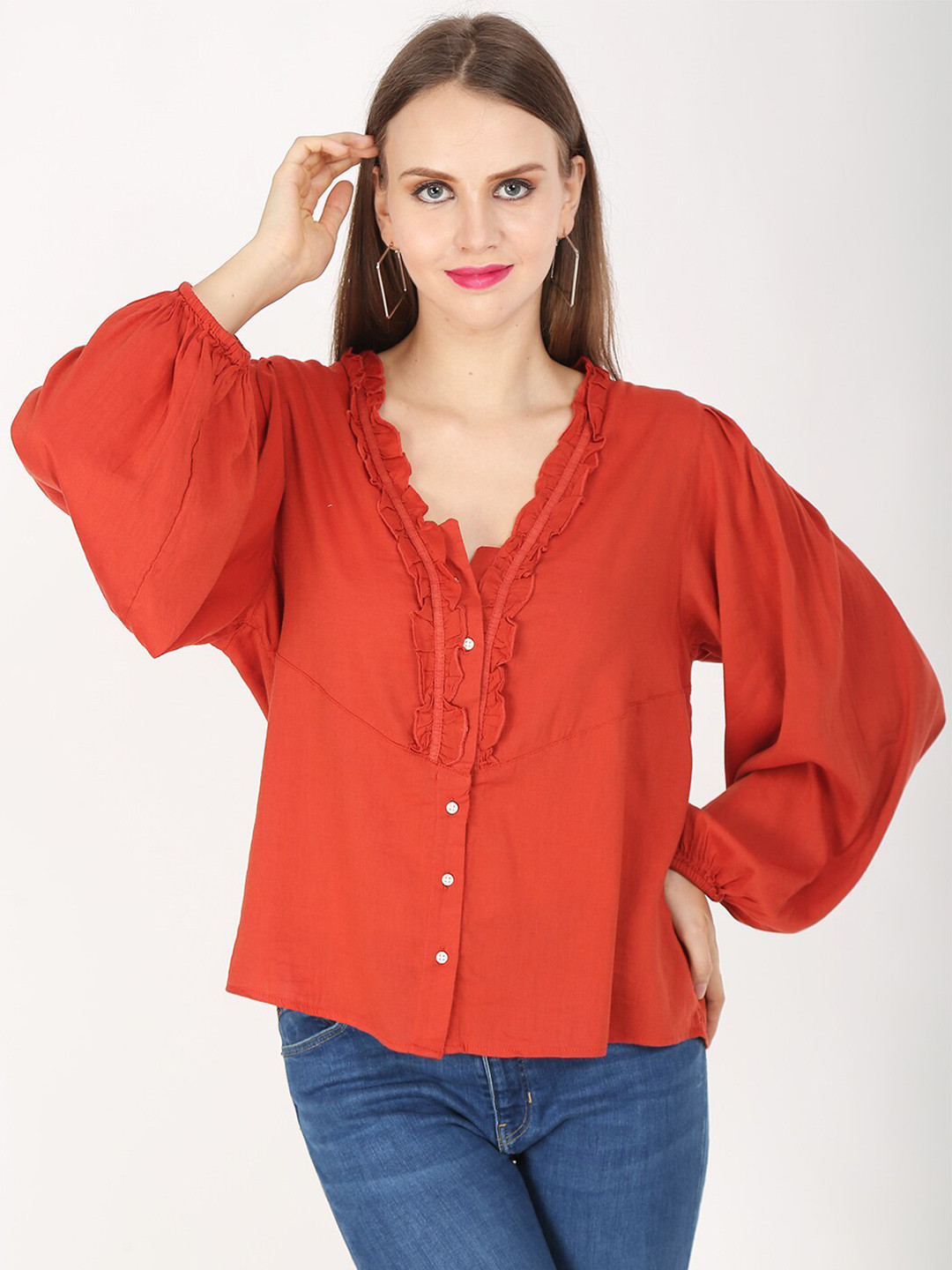 

NoBarr Women Rust Solid Cotton Blend Top