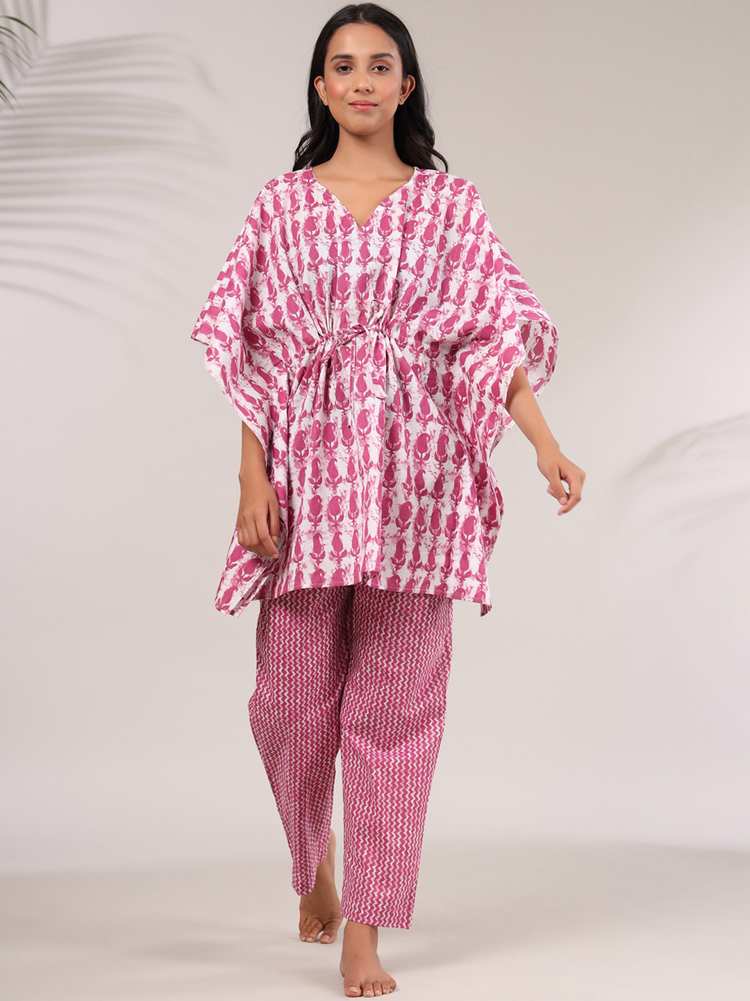 

JISORA Women White & Pink Printed Kaftan Night suit