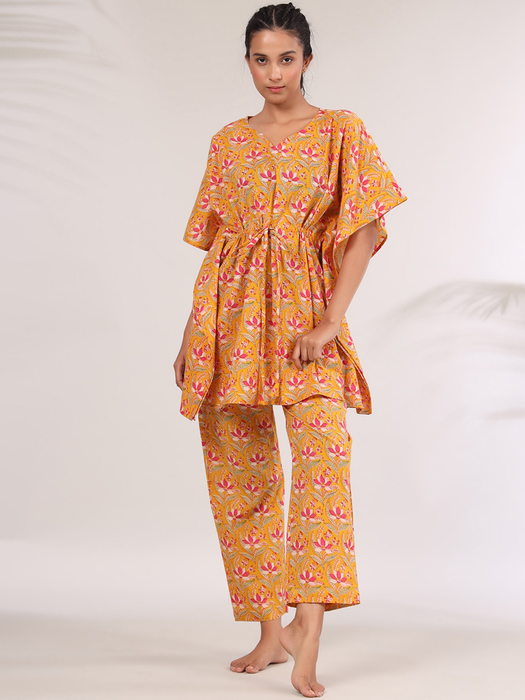 

JISORA Women Mustard & Pink Printed Kaftan Night Suit