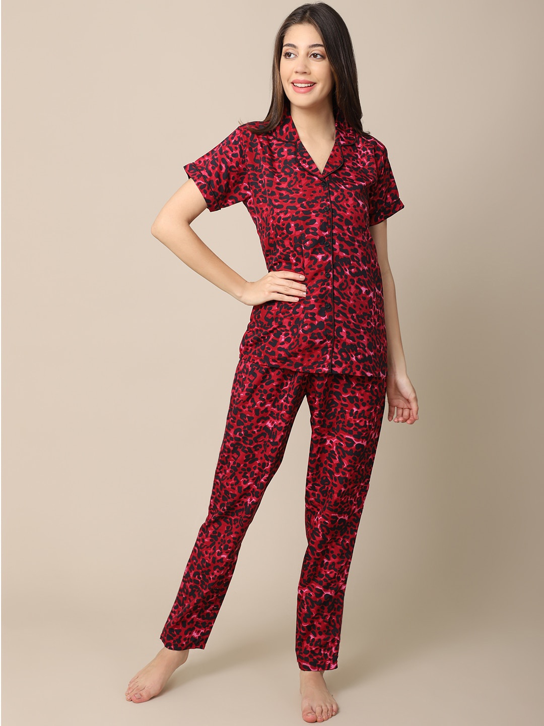 

Boston Club Women Maroon & Black Animal Printed Night suit