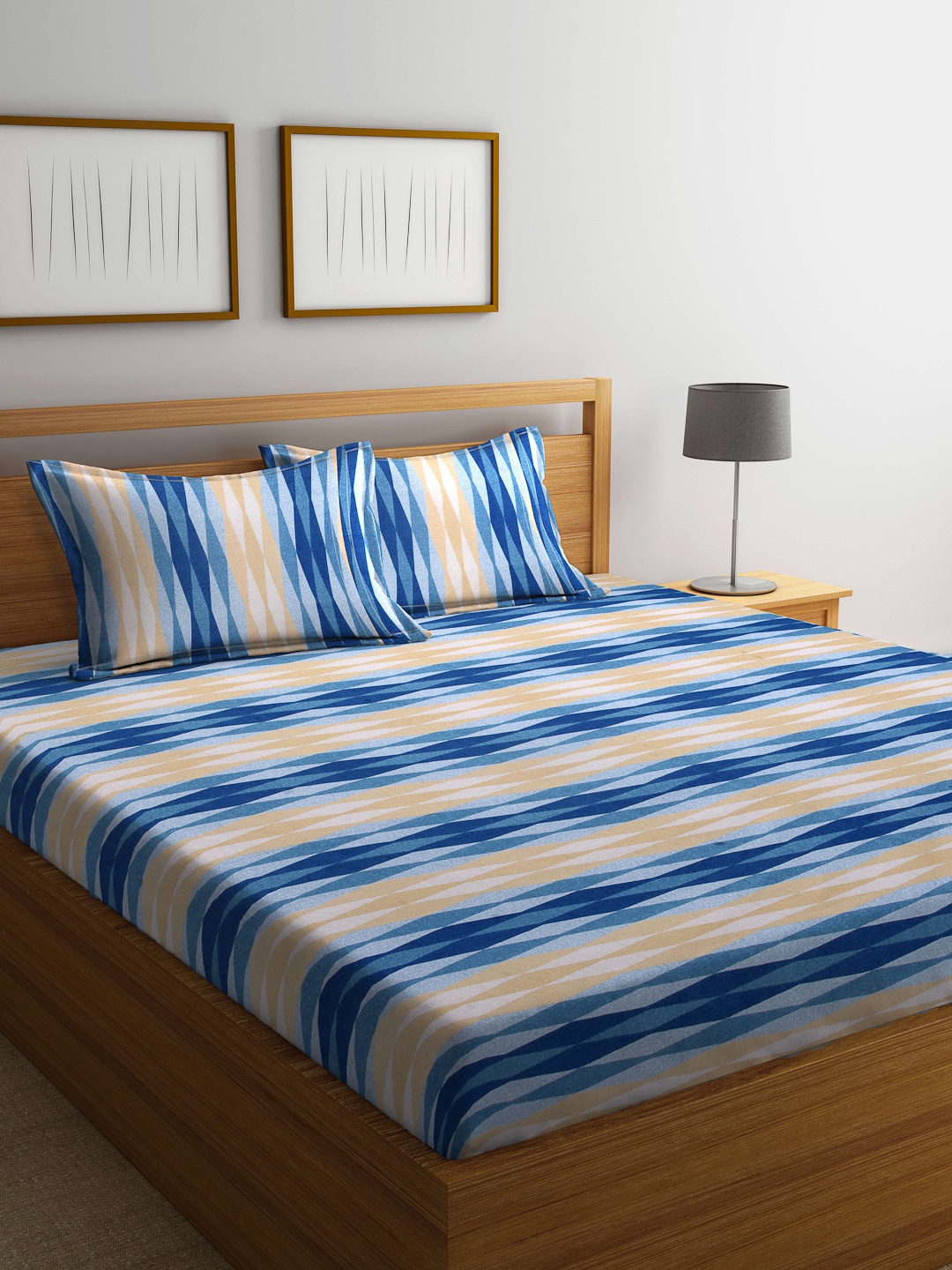 

BOMBAY DYEING Blue & Beige Printed 120 TC Queen Bedsheet With 2 Pillow Covers