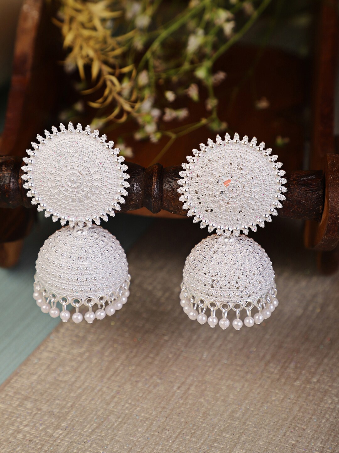 

Shining Diva Silver-Plated White Classic Alloy Jhumkas Earrings