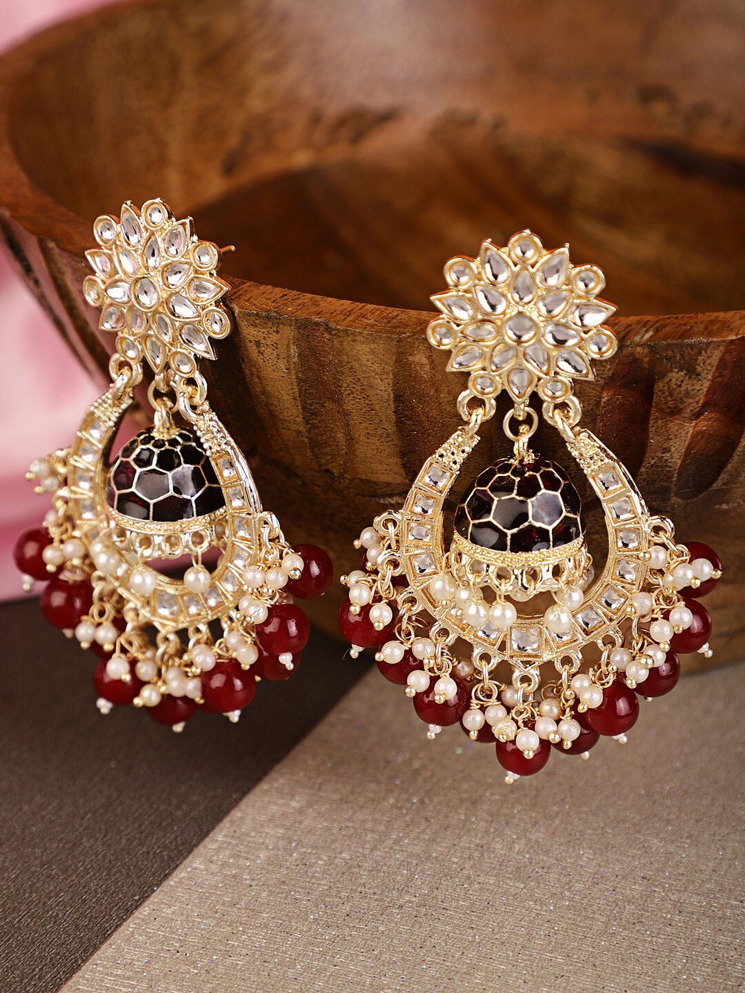 

Shining Diva Maroon & Gold-Toned Classic Chandbalis Earrings