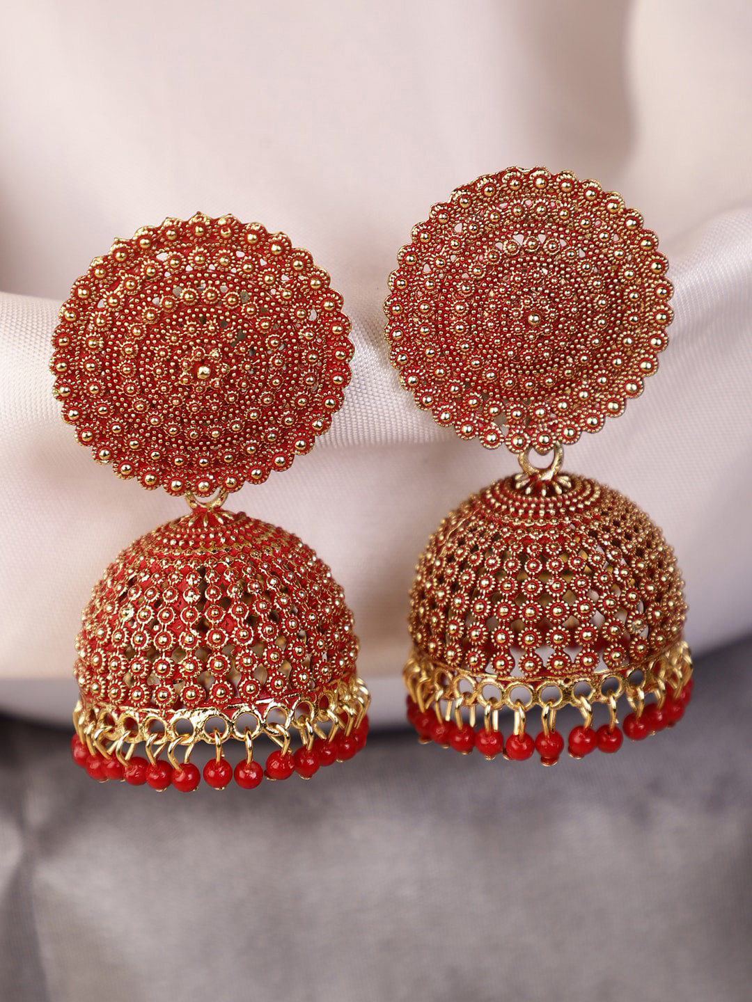 

Shining Diva Red Classic Jhumkas Earrings