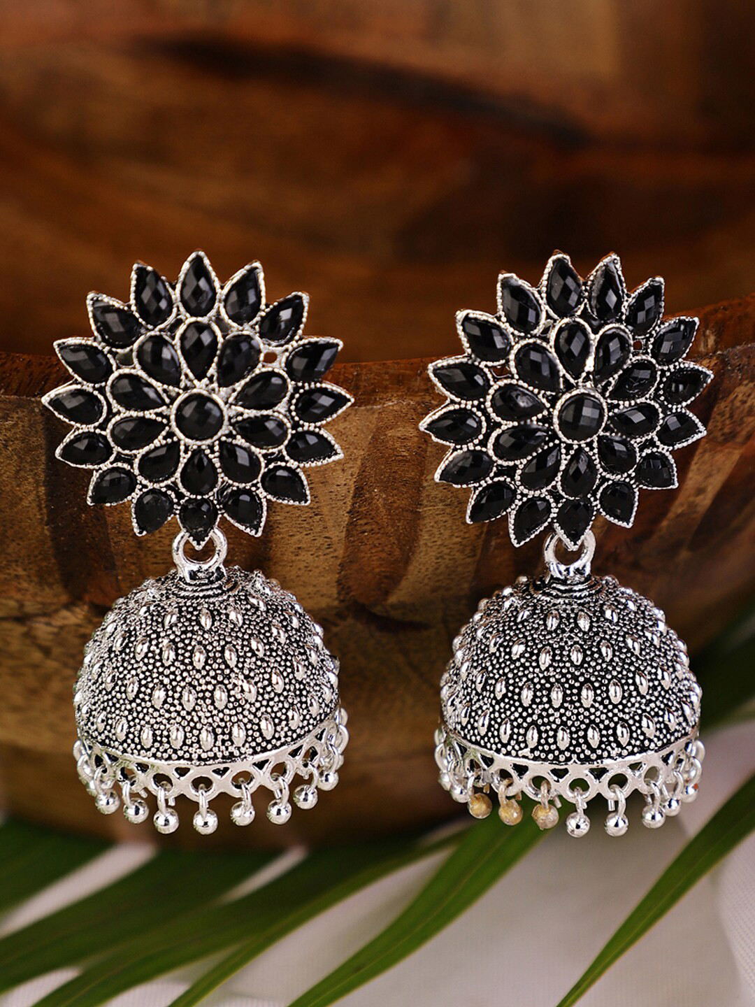 

Shining Diva Black Classic Silver Plated Jhumkas Earrings
