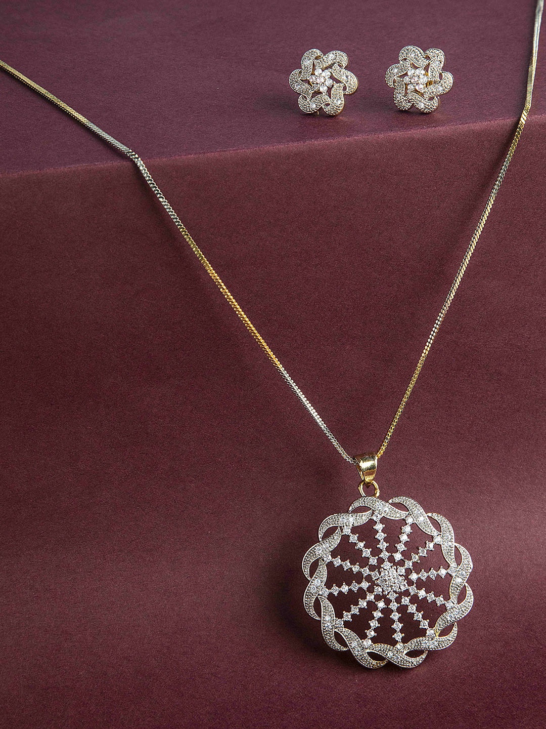 

DEEBACO Silver Plated & White Stone Studded Pendant Set