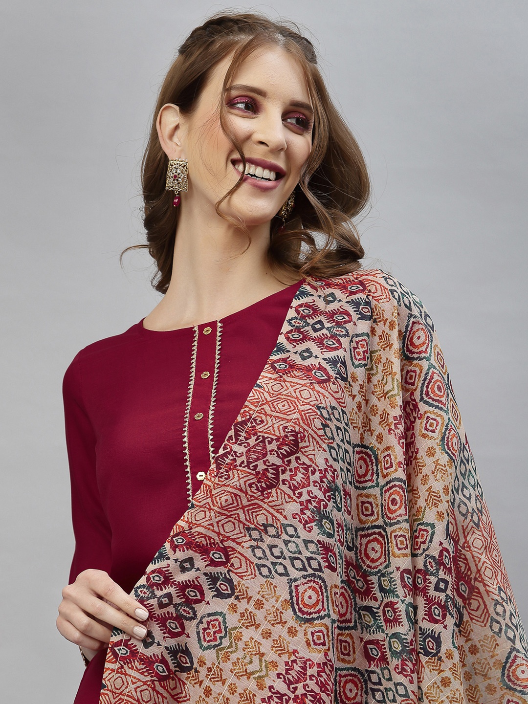 

SANISA Women Maroon Ethnic Motifs Kurta with Palazzos & With Dupatta