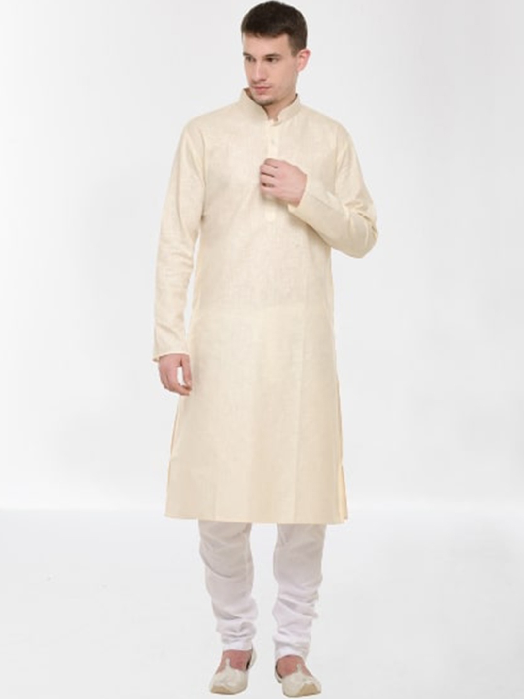 

RG DESIGNERS Men Cream & White Solid Straight Kurta with Churidar