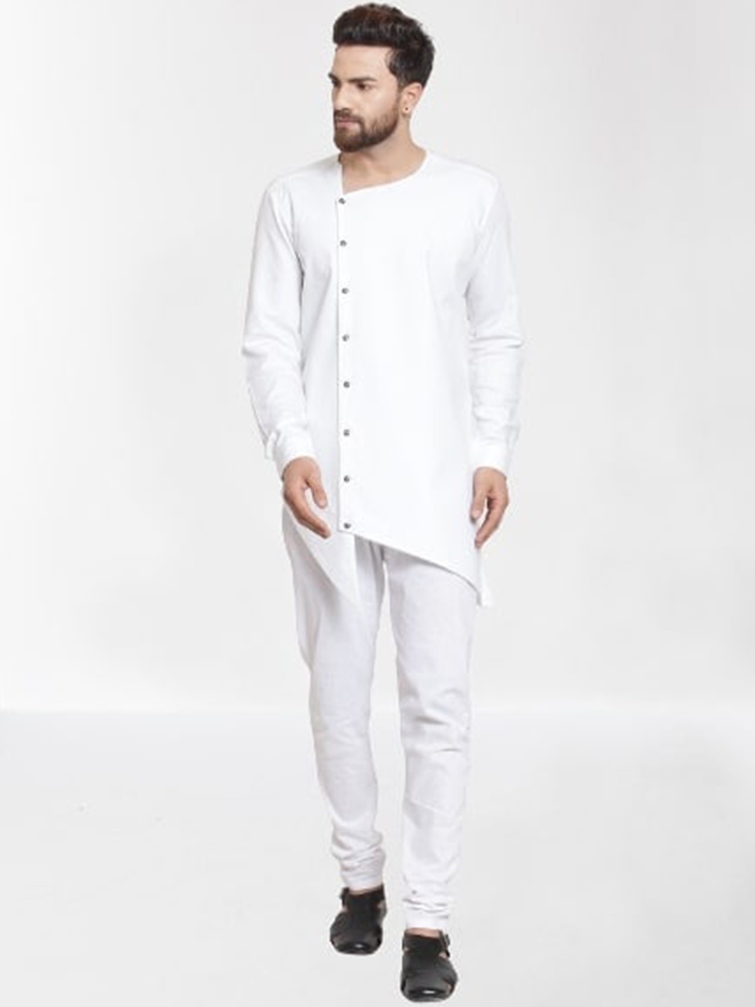 

RG DESIGNERS Men White Angrakha Pure Cotton Kurta with Churidar
