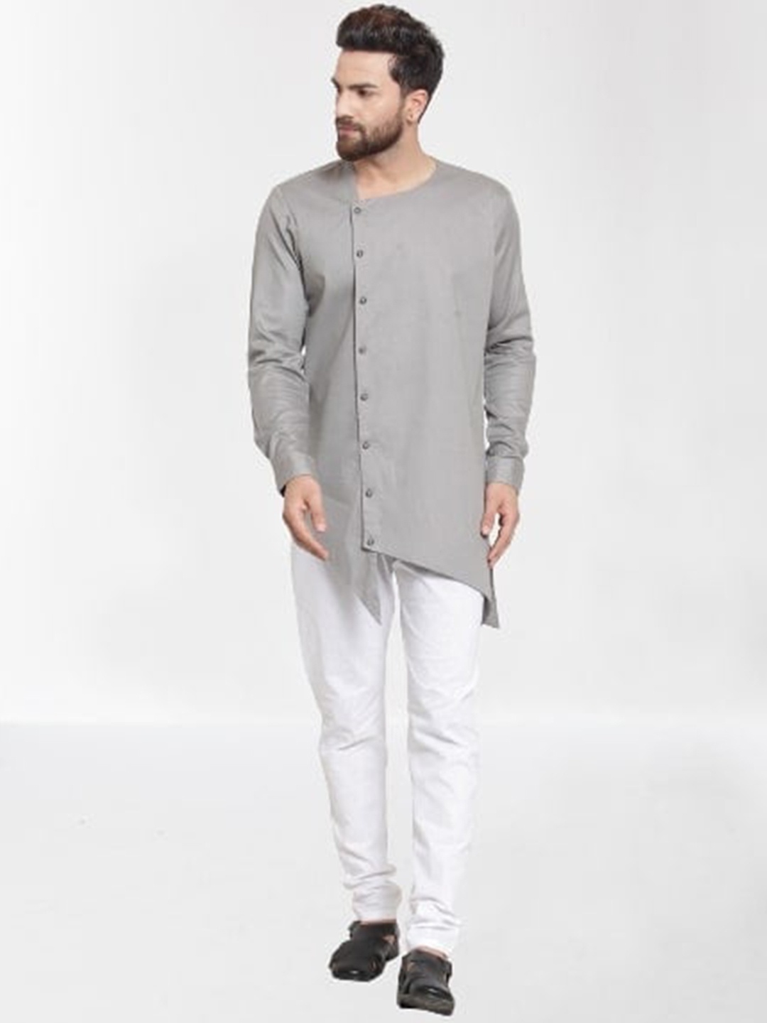 

RG DESIGNERS Men Grey Angrakha Pure Cotton Kurta with Pyjamas