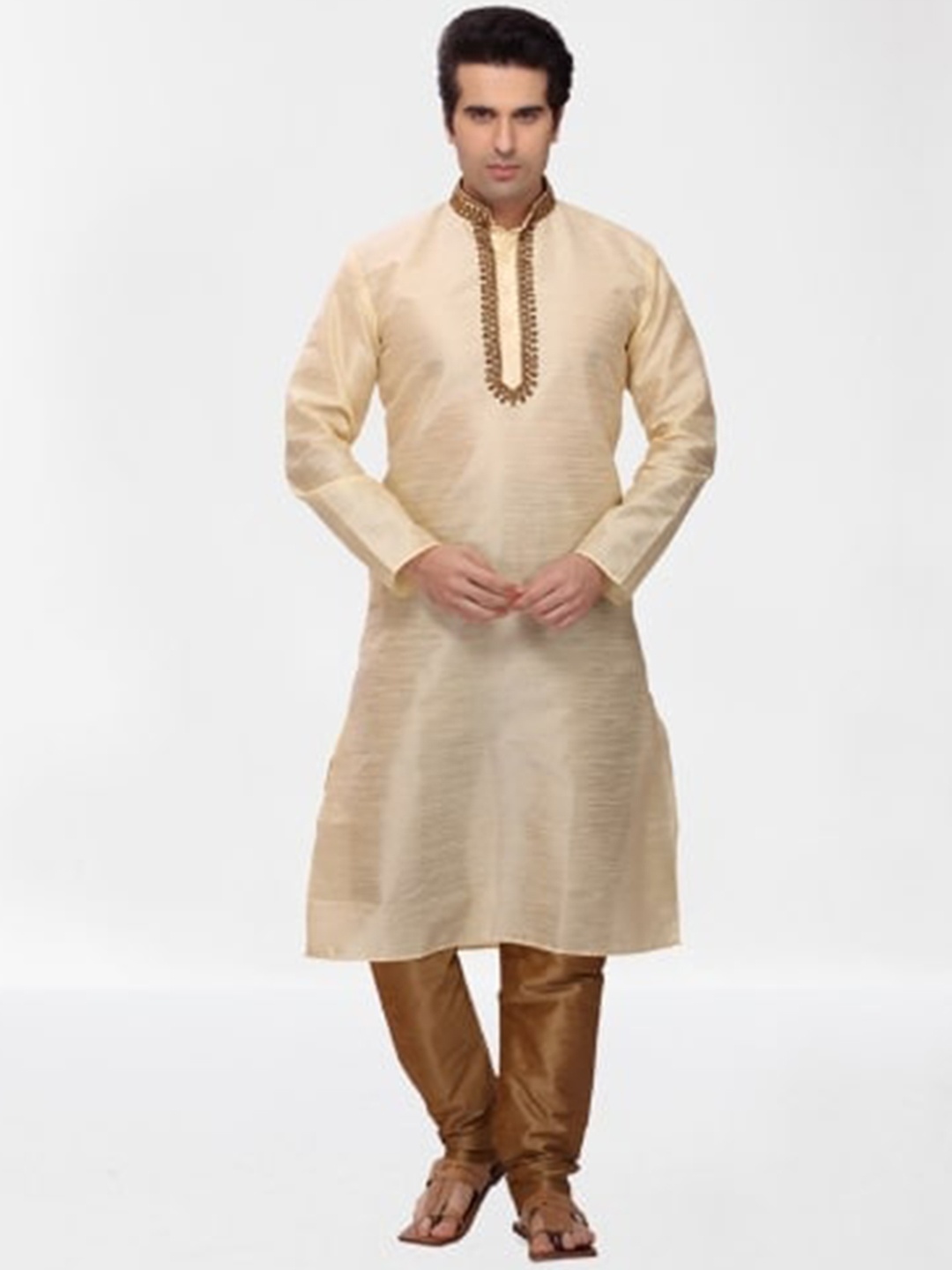 

RG DESIGNERS Men Gold-Toned Empire Art Silk Kurta with Churidar