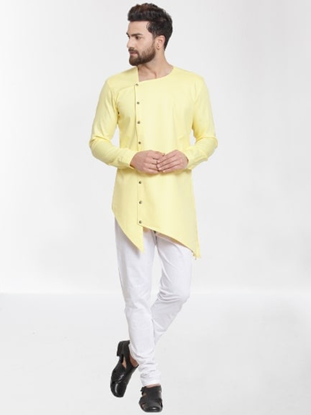 

RG DESIGNERS Men Yellow Angrakha Pure Cotton Kurta with Pyjamas