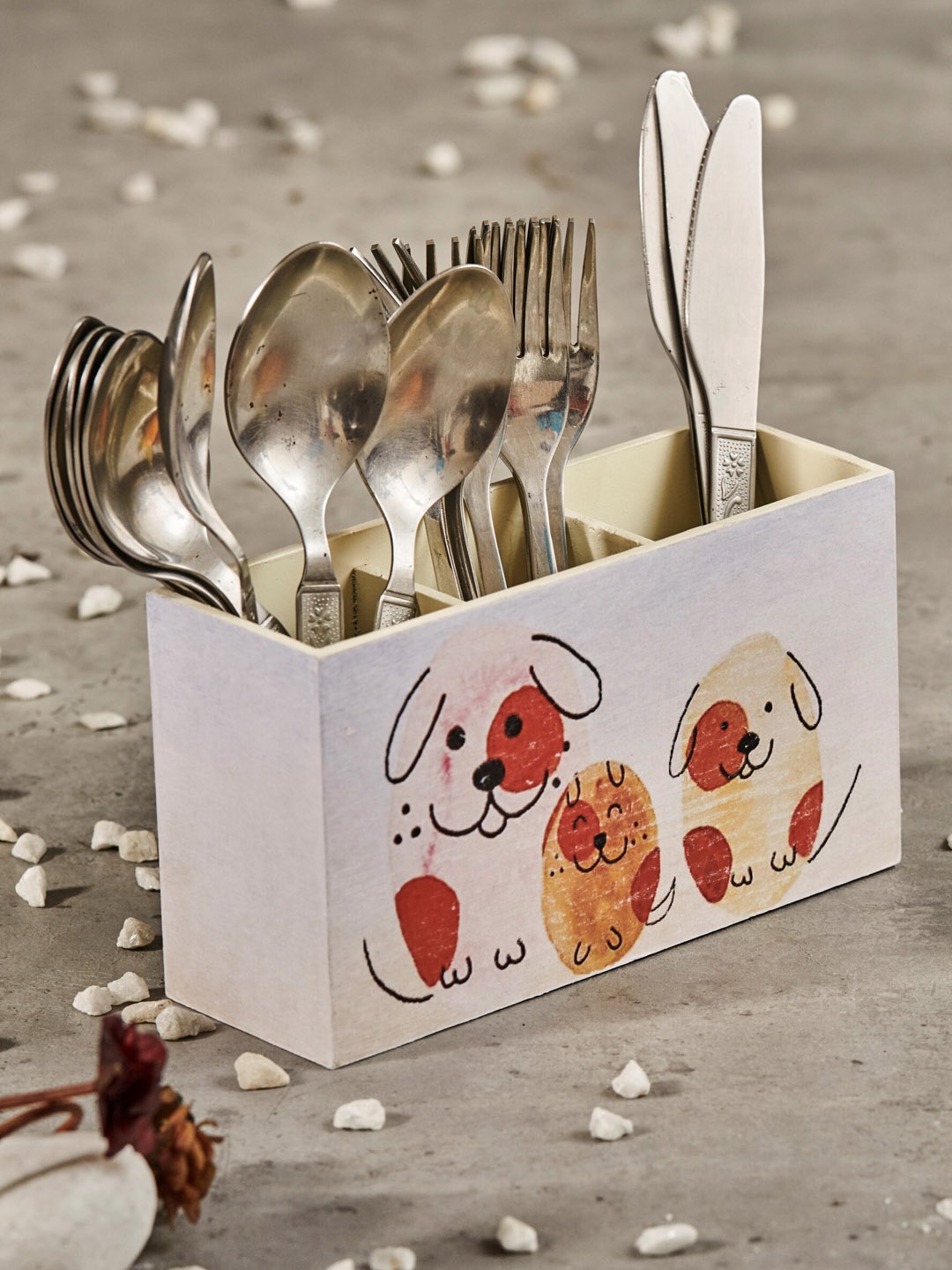 

A Tiny Mistake Multicoloured Happy Dogs Printed Cutlery Holder, Silver